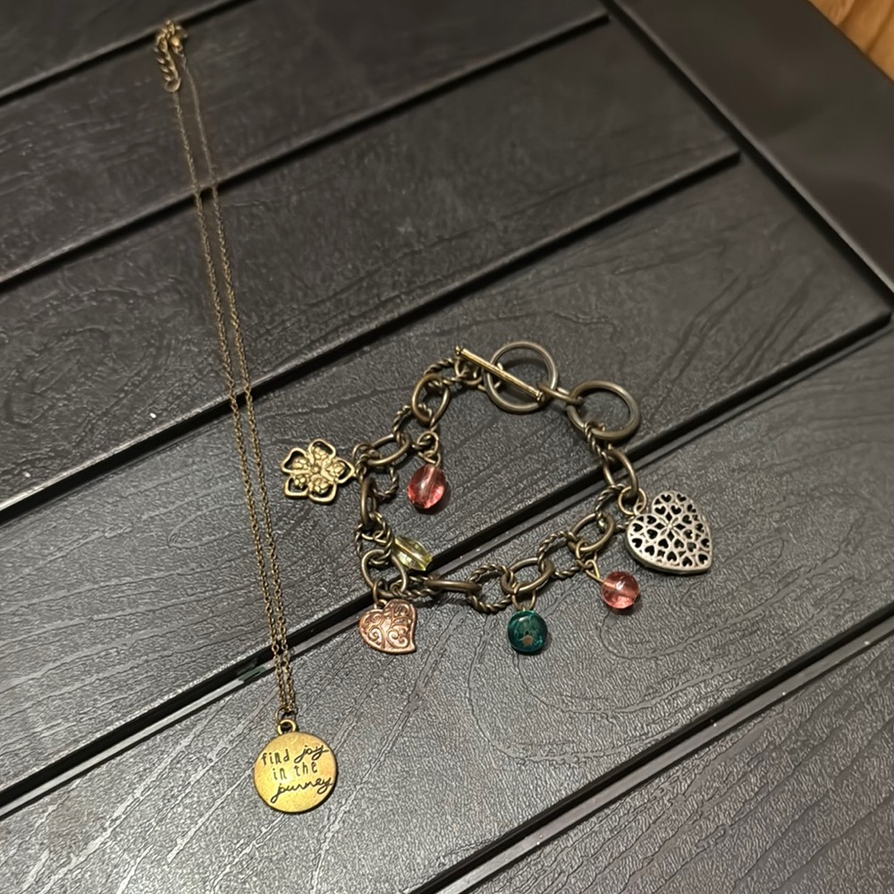Gold and Multicolor Charm Bracelet and Necklace Set
